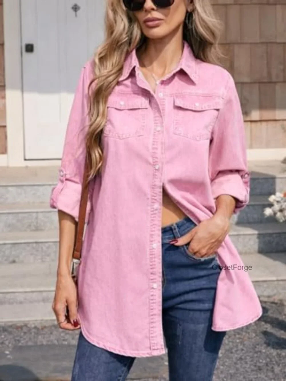 Womens Button Down Denim Shirt Long Sleeve Roll Up Boyfriend Jean Jacket Shacket